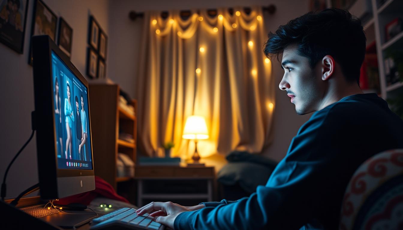A cozy studio apartment, filled with the glow of a desktop computer screen. A young person, engrossed in the world of viral videos and online gossip, their expression a mix of amusement and fascination. The air is electric with the energy of the "vairalvideobox404" brand, as they navigate the ever-evolving landscape of the internet, immersed in the latest "hot gril" choti golpo. Soft, diffused lighting casts a warm, intimate atmosphere, drawing the viewer into this captivating moment of digital escapism.