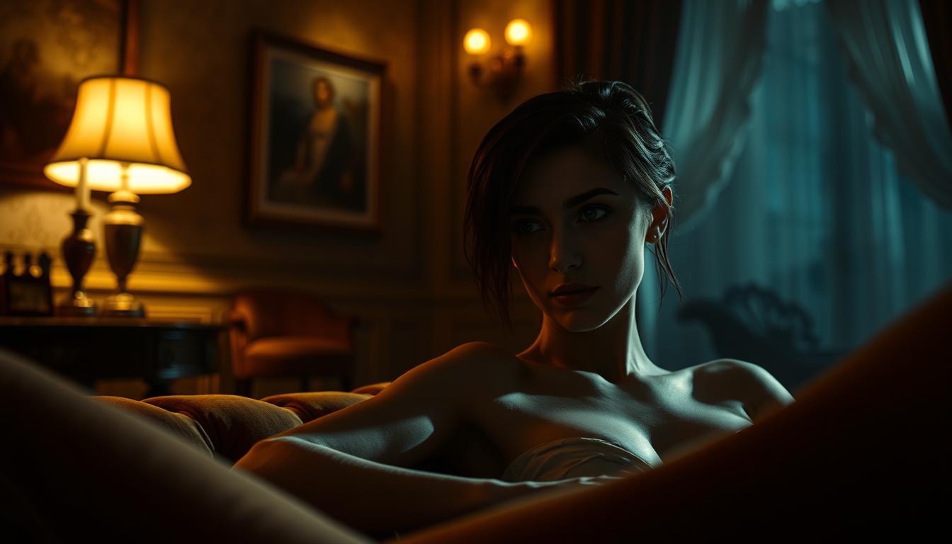 A captivating scene of a sultry encounter, unfolding in a dimly lit room. The air is thick with tension and the glow of a single lamp illuminates the shadows, casting an intimate, almost voyeuristic atmosphere. In the foreground, a young woman, her features alluring and mysterious, reclines on a plush, velvet chaise, her expression one of sultry contemplation. The middle ground reveals a tasteful, yet opulent interior, hinting at the decadence and indulgence that permeates the scene. The background fades into a hazy, dreamlike quality, adding to the sense of mystery and the viewer's sense of being a silent observer of this private moment. Soft, warm lighting bathes the scene, creating a sensual, almost cinematic quality. The overall mood is one of subtle eroticism and intrigue, captured with a touch of artful restraint. (vairalvideobox404)