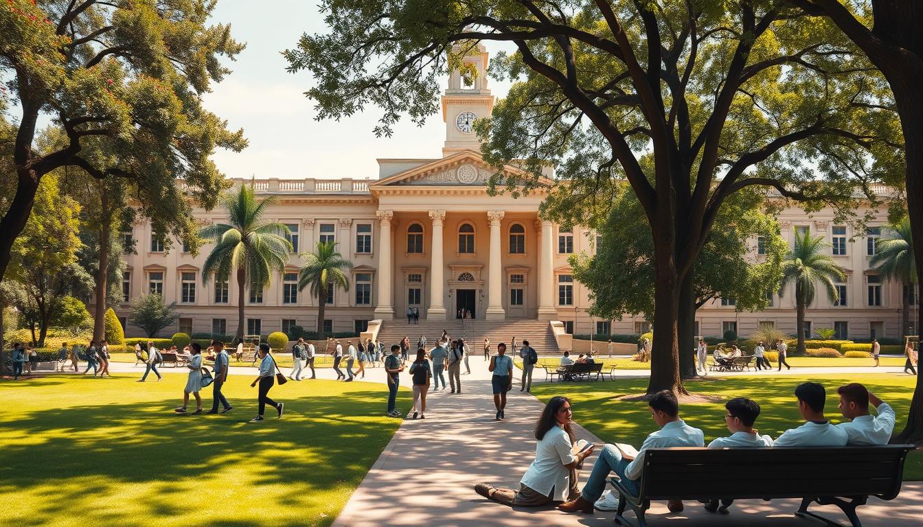 A government college campus on a sunny day, with a grand, ornate building at the center. The facade features intricate architectural details, tall columns, and a prominent clock tower. Students in uniforms mill about, chatting and laughing. Lush greenery surrounds the campus, with neatly manicured lawns and towering trees providing shade. In the foreground, a group of friends lounge on benches, studying and discussing their coursework. The atmosphere is one of academic focus and youthful energy. Realistic, detailed rendering with a warm, natural lighting, shot with a wide-angle lens to capture the full grandeur of the scene. vairalvideobox404