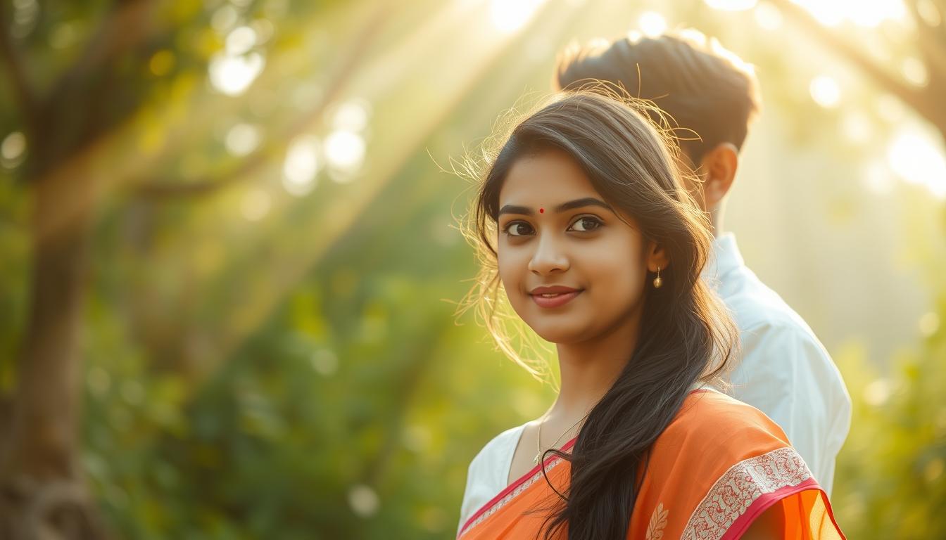 A serene outdoor scene in the warm glow of afternoon light. A young woman, Shivani, stands in the foreground, her delicate features and shy expression conveying a sense of innocence. Behind her, a young man, Raju, gazes at her with a fond, protective look. The two are set against a lush, verdant backdrop, hinting at their rural upbringing. Rays of sunshine filter through the trees, adding a dreamlike quality to the composition. The overall mood is one of tenderness and the promise of new love. vairalvideobox404