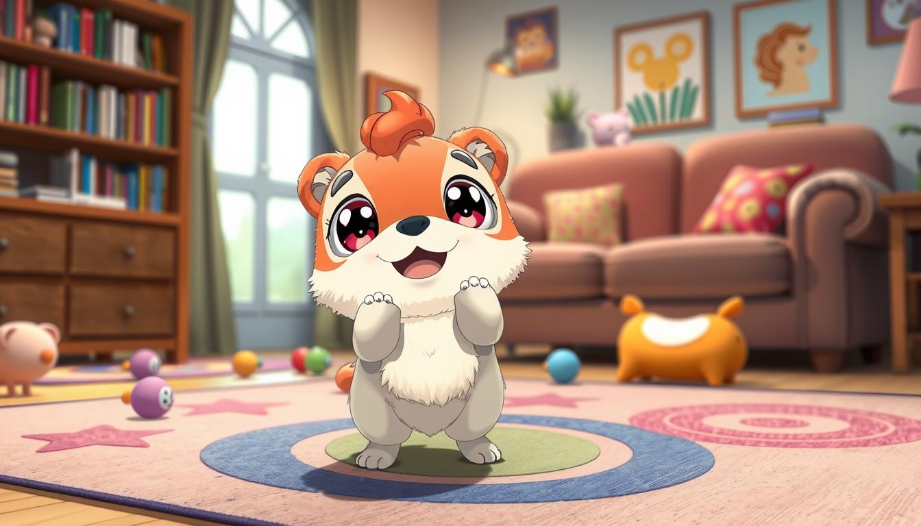 A whimsical and colorful scene featuring the virtual pet Labubu, a charming, cartoonish creature with big expressive eyes and a fluffy texture, situated in a cozy living room. In the foreground, Labubu stands playfully on its hind legs, easily recognizable with its bright colors and adorable features, inviting interaction. The middle ground includes a vibrant rug and a few playful toys scattered around, suggesting a fun environment. In the background, a warm and inviting atmosphere is created with soft lighting, a comfy couch, and a bookshelf filled with children's books. The scene captures a sense of joy and companionship, perfect for highlighting the engaging features of a virtual pet game. The mood is playful and heartwarming, evoking the charm of interactive play.
