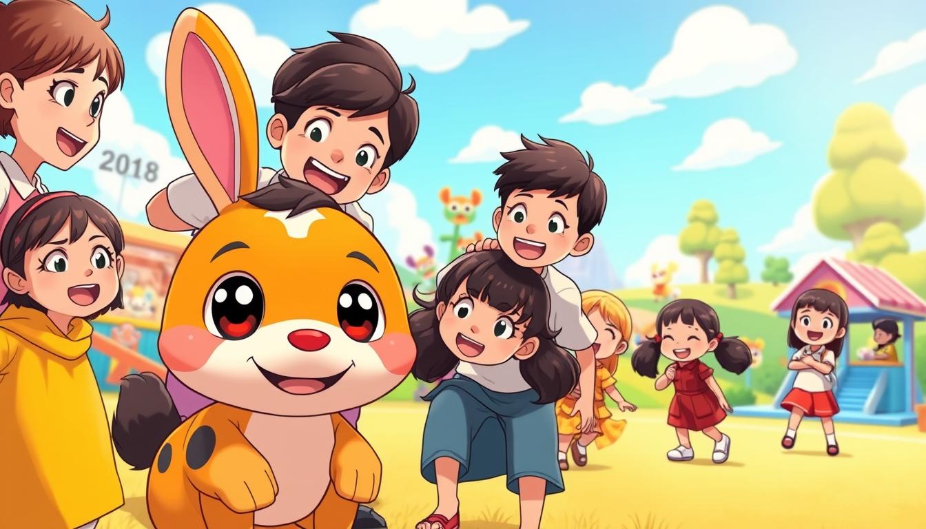 A vibrant and dynamic scene showcasing the social features of the virtual pet game Labubu. In the foreground, a colorful, cartoonish pet character, resembling a friendly animal with large expressive eyes, interacts playfully with a group of diverse, cheerful children, all dressed in casual, modest clothing, highlighting their joy and connection. In the middle ground, an engaging virtual landscape is depicted, including interactive elements like a playground with interactive gadgets and other pets. The background features a bright blue sky with fluffy clouds and stylized trees. The lighting is warm and inviting, creating a cheerful atmosphere. Use a slightly elevated angle to capture the interaction clearly, emphasizing the sense of community and friendship that the game promotes.