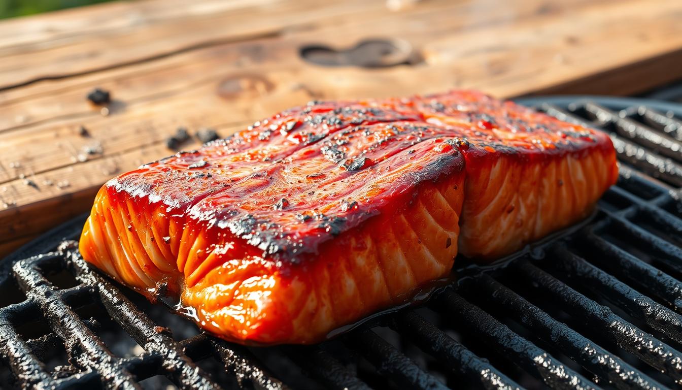 jerked salmon on the grill