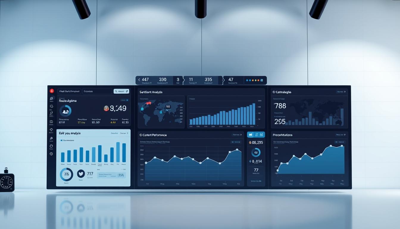 A digital dashboard displaying real-time social media analytics data, set against a sleek, minimalist backdrop. The foreground features clean, intuitive visualizations of key performance metrics like audience engagement, sentiment analysis, and content performance. The middle ground showcases a series of interactive charts and graphs, each meticulously designed to offer deep, actionable insights. The background subtly evokes the modern, tech-savvy atmosphere of a marketing war room, with subtle grid lines and a cool color palette complementing the precise, data-driven nature of the scene. Crisp, dramatic lighting from above casts sharp shadows, heightening the sense of precision and clarity. The overall mood is one of analytical prowess, technological sophistication, and data-driven decision making.