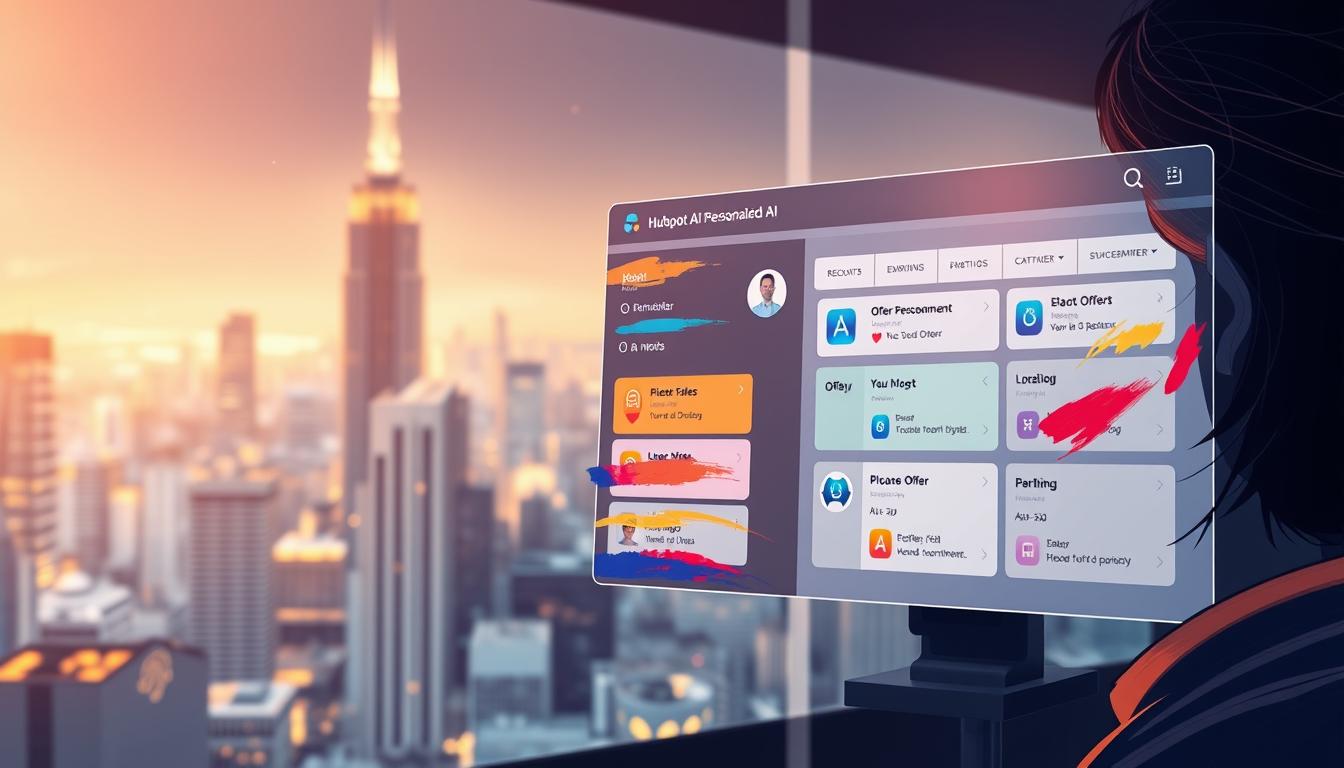 A sophisticated digital illustration depicting &quot;HubSpot AI for mood-based campaigns&quot;. In the foreground, a stylized customer profile with various emotional states represented through vibrant colors and dynamic brushstrokes. The middle ground showcases a sleek, futuristic HubSpot AI dashboard, displaying personalized offer recommendations tailored to the customer's mood. The background features a shimmering, abstract cityscape, hinting at the interconnected, data-driven nature of modern marketing. The lighting is soft and warm, creating an inviting, high-tech ambiance. The overall composition conveys the power of AI-driven, mood-based campaign optimization to deliver personalized, engaging experiences.