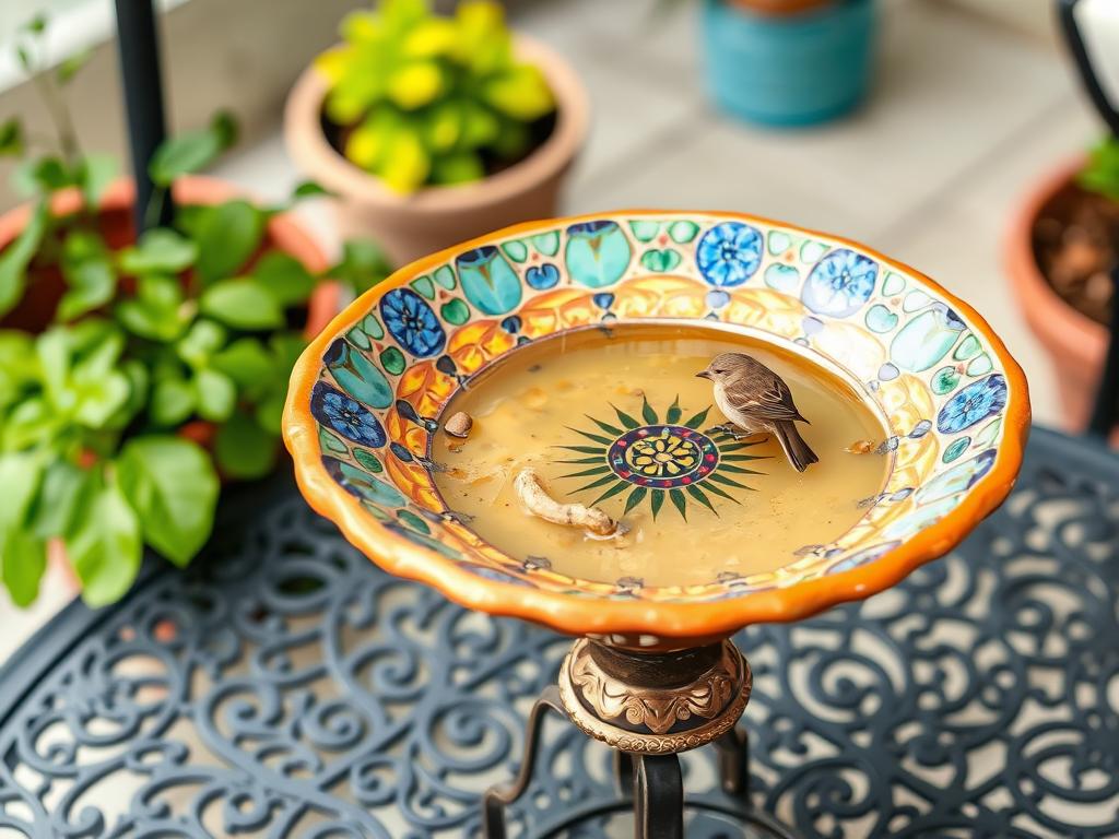 Colorful mosaic plate bird bath with small birds drinking water