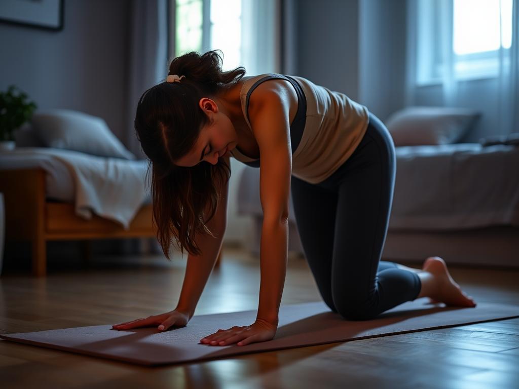 New mom in child's pose yoga position - evening self-care routine