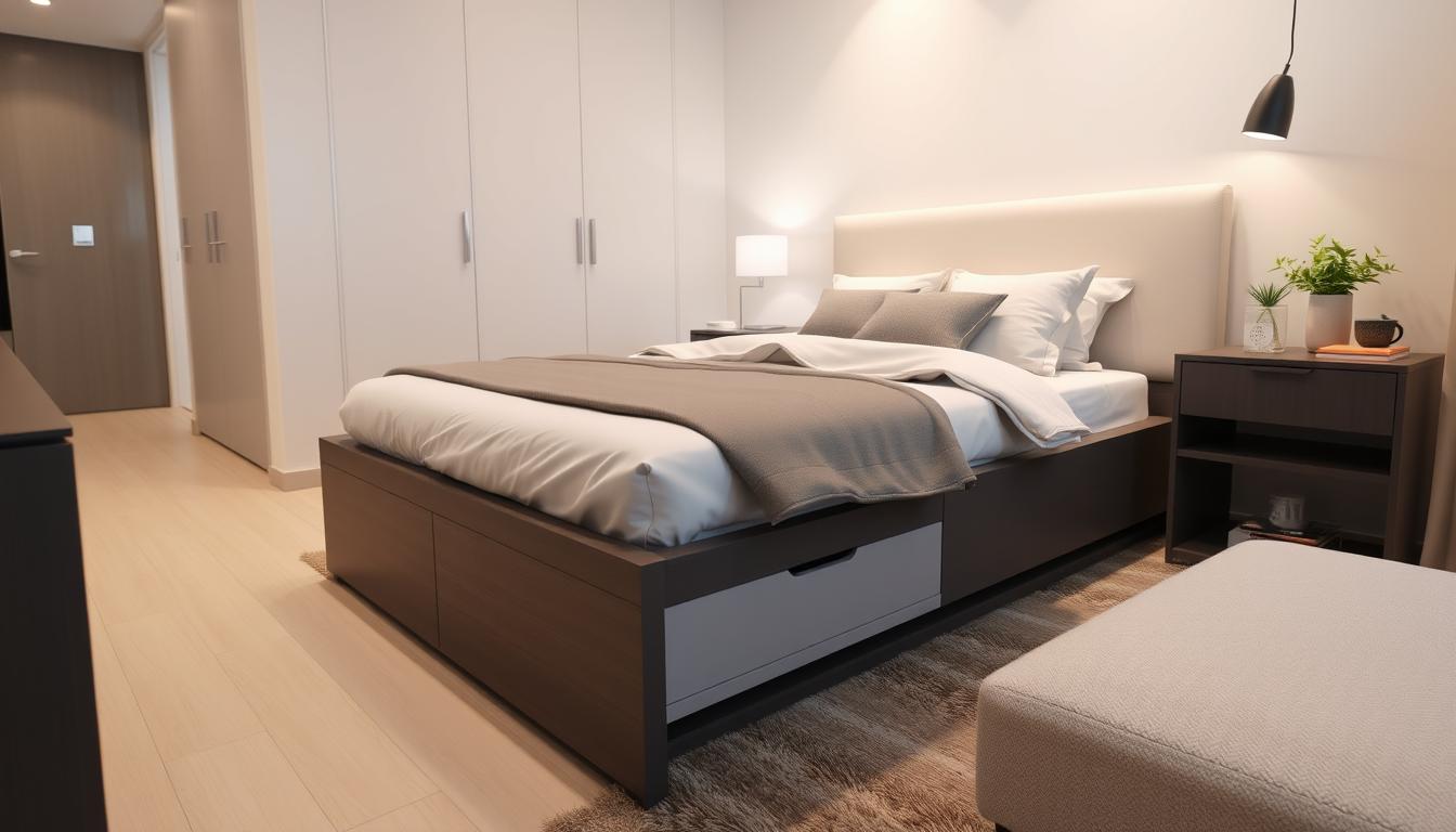 Bed with stylish built-in drawers underneath in a small apartment bedroom
