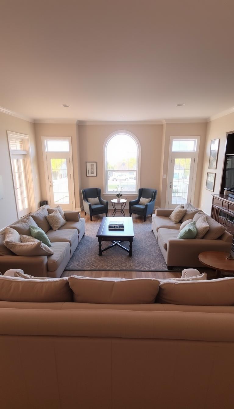 A spacious, well-lit living room with a clearly defined traffic flow. In the foreground, a plush sofa sits perpendicular to the camera, inviting guests to gather. The middle ground showcases a meandering path between the sofa and a sturdy coffee table, allowing for easy movement around the central seating area. In the background, a pair of armchairs flank a large window, bathing the room in warm, natural light. The overall layout emphasizes functionality, with distinct zones for conversation, relaxation, and circulation. Subtle textures, such as a patterned rug and wooden accents, add depth and character to the space, creating a harmonious and inviting atmosphere.