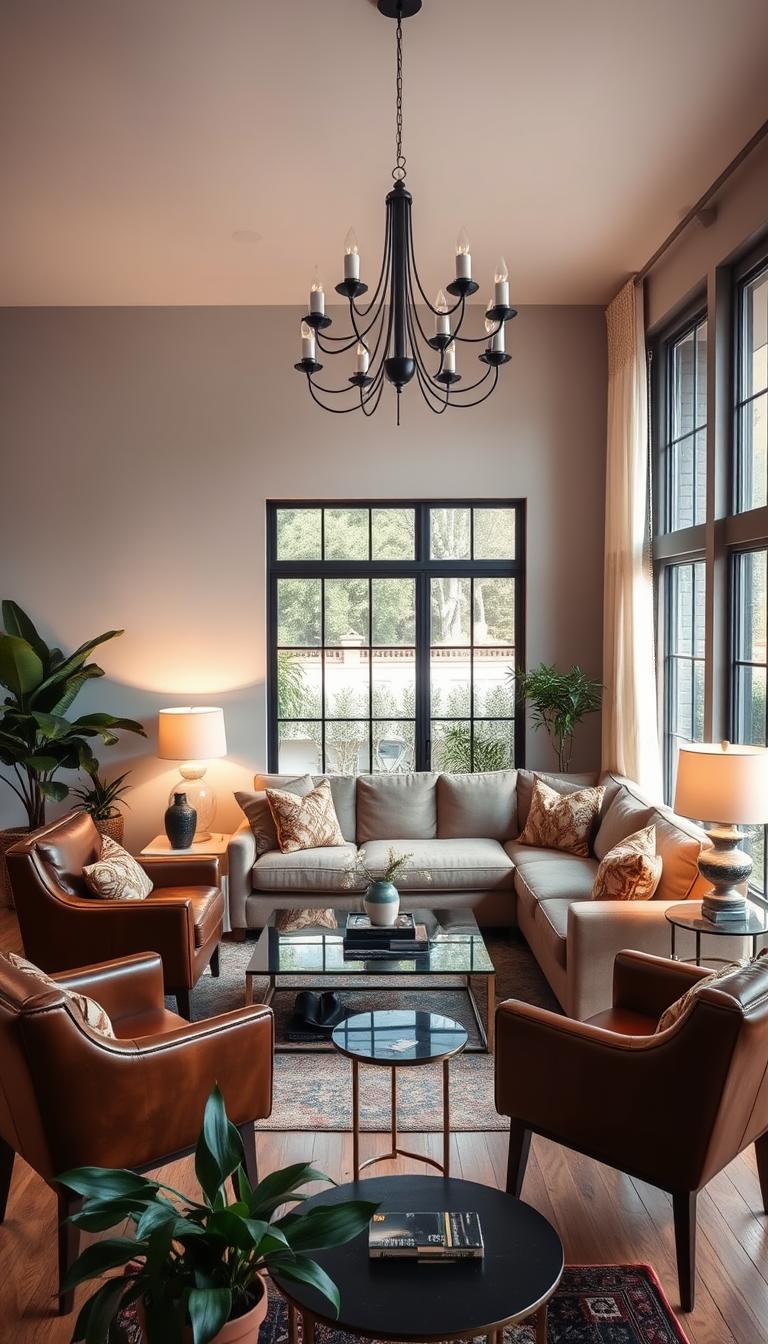 A cozy living room arrangement centered around a plush, L-shaped sectional sofa. Tasteful accent chairs in rich leather flank the sofa, creating an intimate conversational area. Soft lighting from floor lamps and a central chandelier casts a warm glow, while large windows let in natural daylight. Potted plants and a sleek, modern coffee table complete the scene, promoting an atmosphere of relaxation and social interaction.