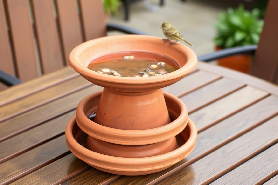 Completed tiered terracotta pot bird bath on a wooden patio table