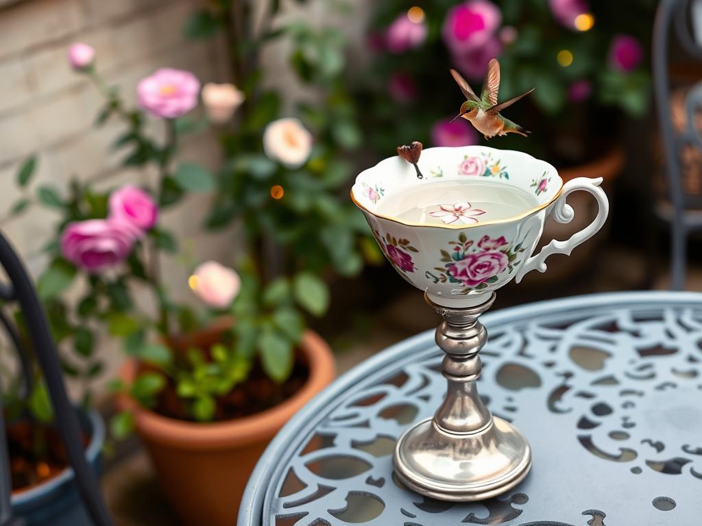 Whimsical vintage teacup bird bath with hummingbird visiting