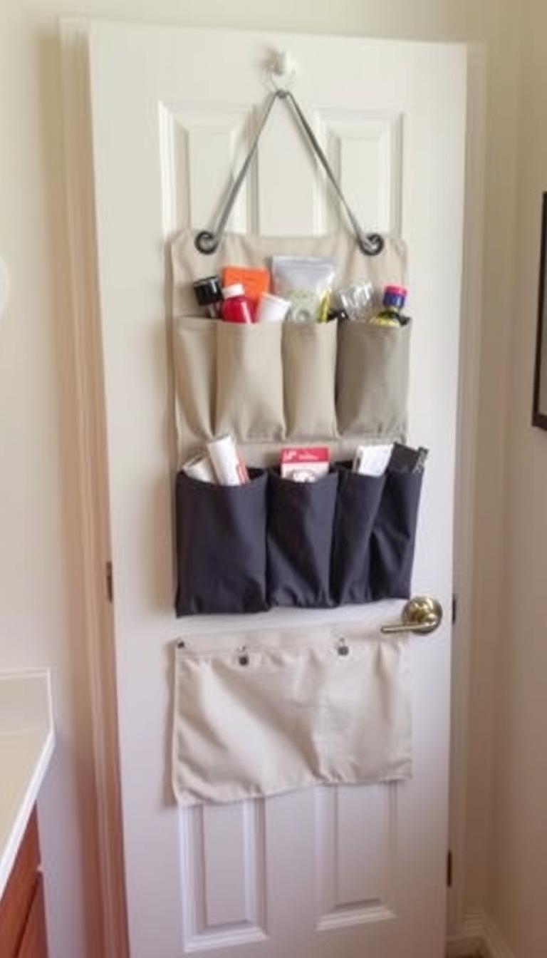 Stylish over-the-door organizer with multiple pockets in a small apartment
