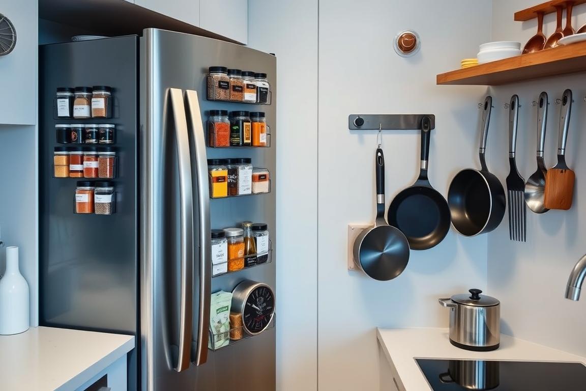 Stylish small apartment kitchen with magnetic spice jars and vertical organizers