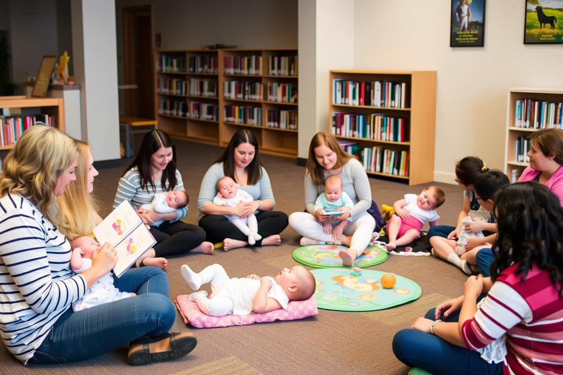 New moms with babies at a library storytime - community self-care