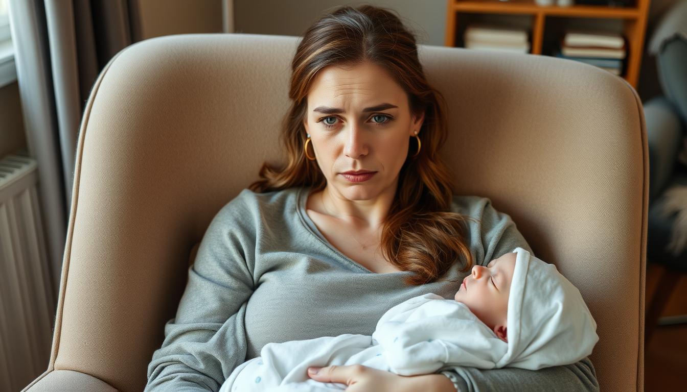 New mom looking thoughtful while holding baby - mom mental health