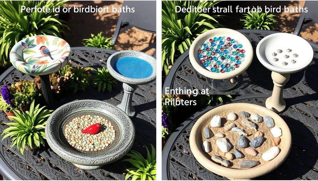 Collection of decorated tabletop bird baths showing different personalization styles