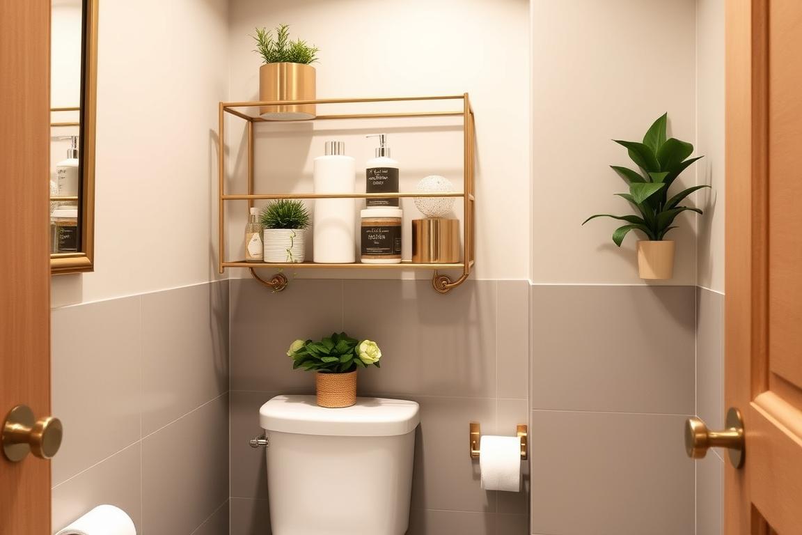 Stylish small apartment bathroom with over-toilet shelving and decorative containers