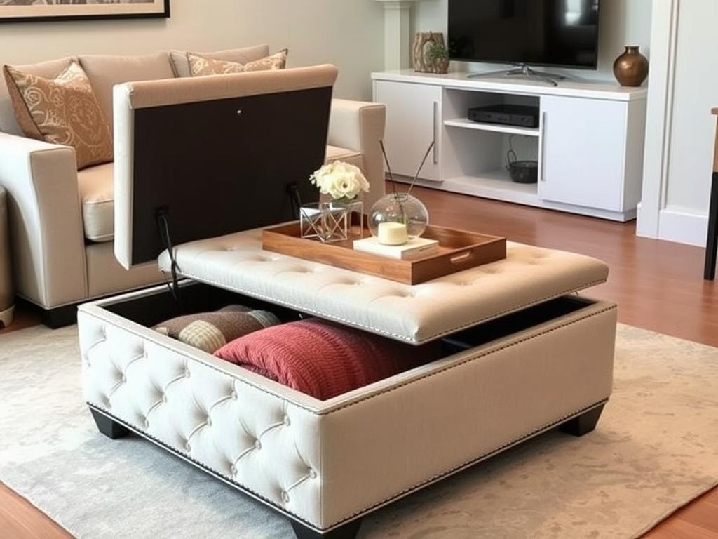 Stylish ottoman with storage inside being used as coffee table in small apartment living room