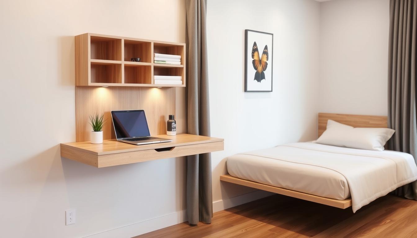 Stylish small apartment with wall-mounted desk and floating nightstand
