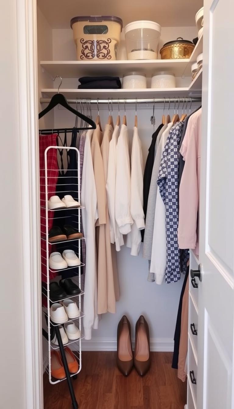 Stylish small apartment closet with double hanging rods and vertical organizers