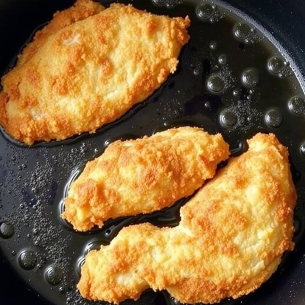 Crispy fried chicken in a cast iron skillet