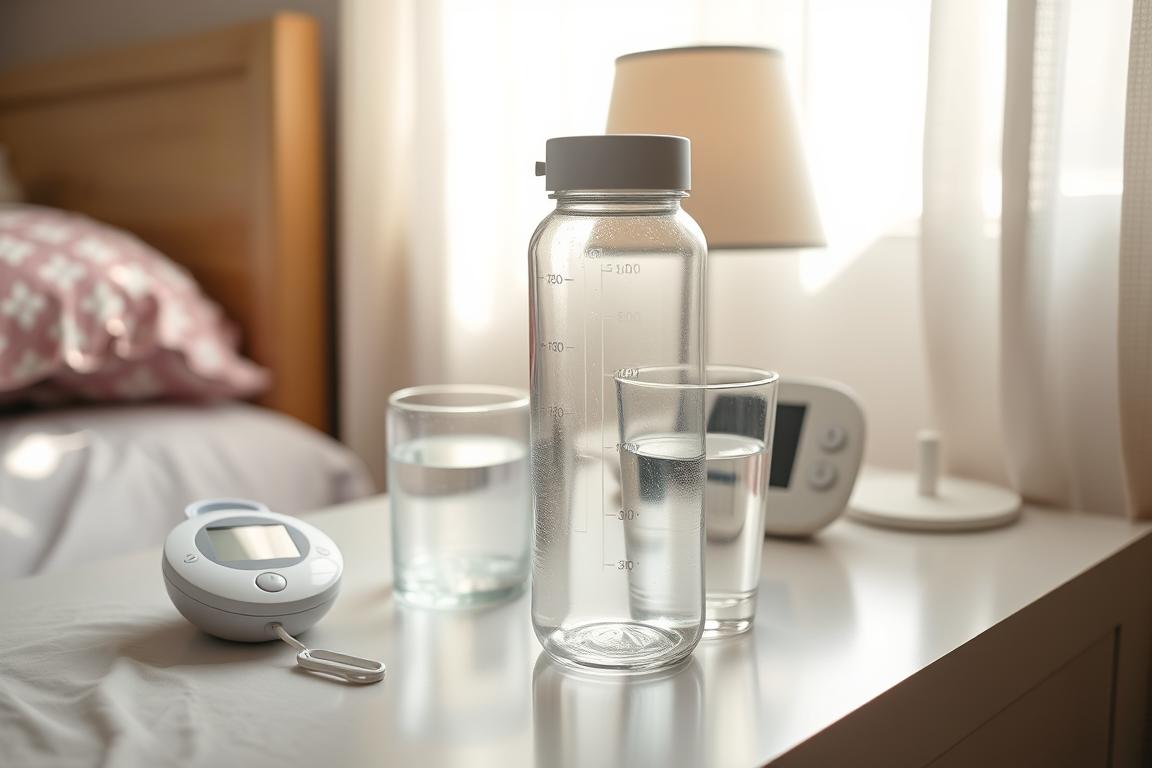 Water bottle and glass on bedside table next to baby monitor - hydration for new moms