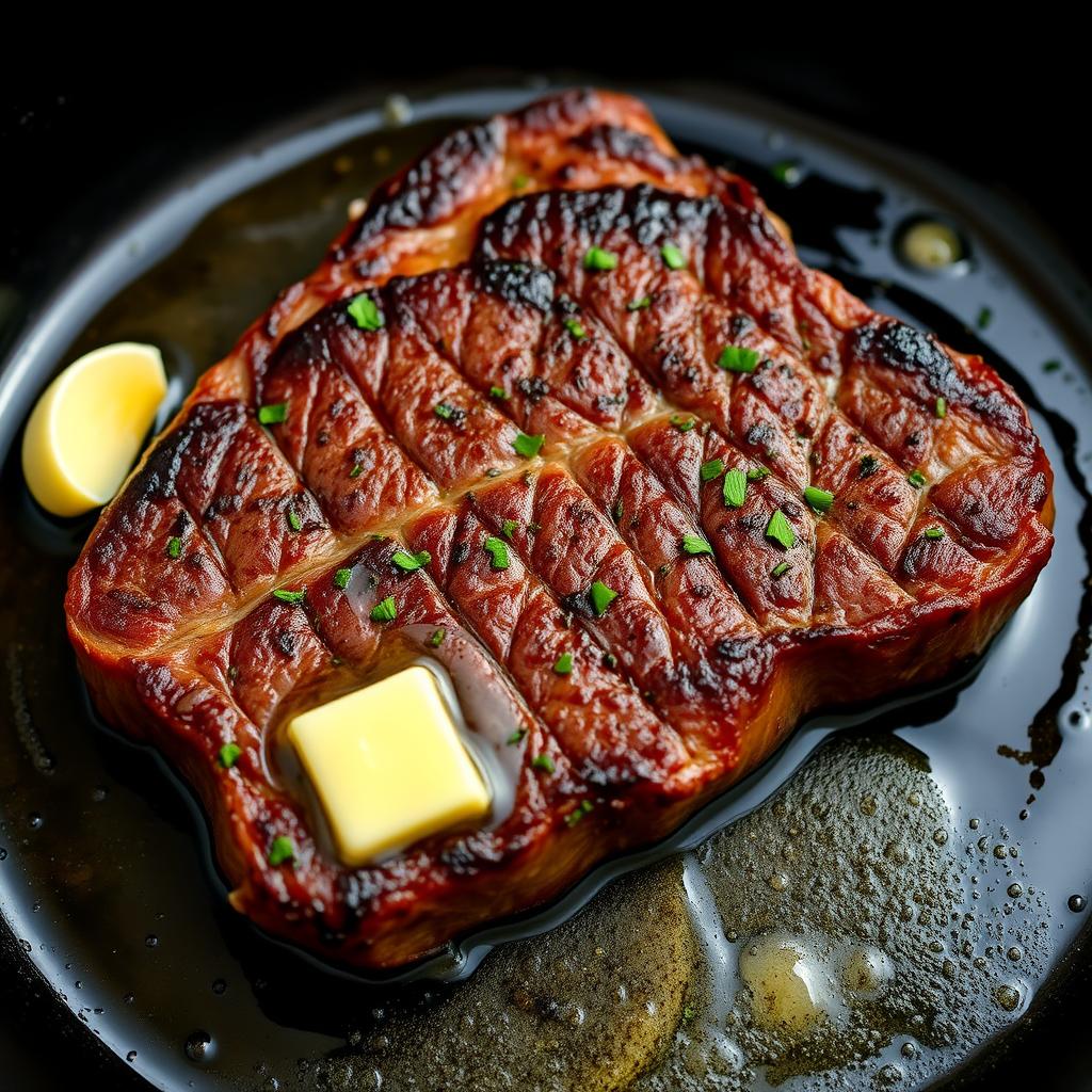 Perfectly seared steak in a cast iron skillet with herbs and butter