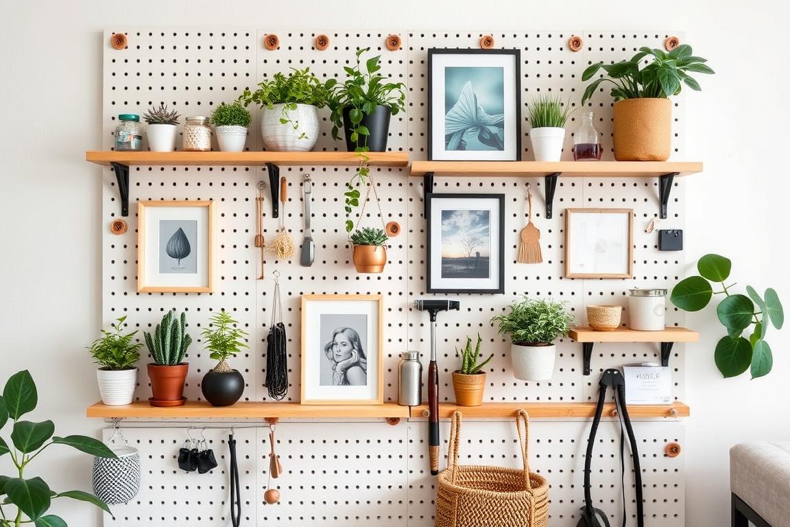 Stylish pegboard wall organization system with plants and accessories in a small apartment