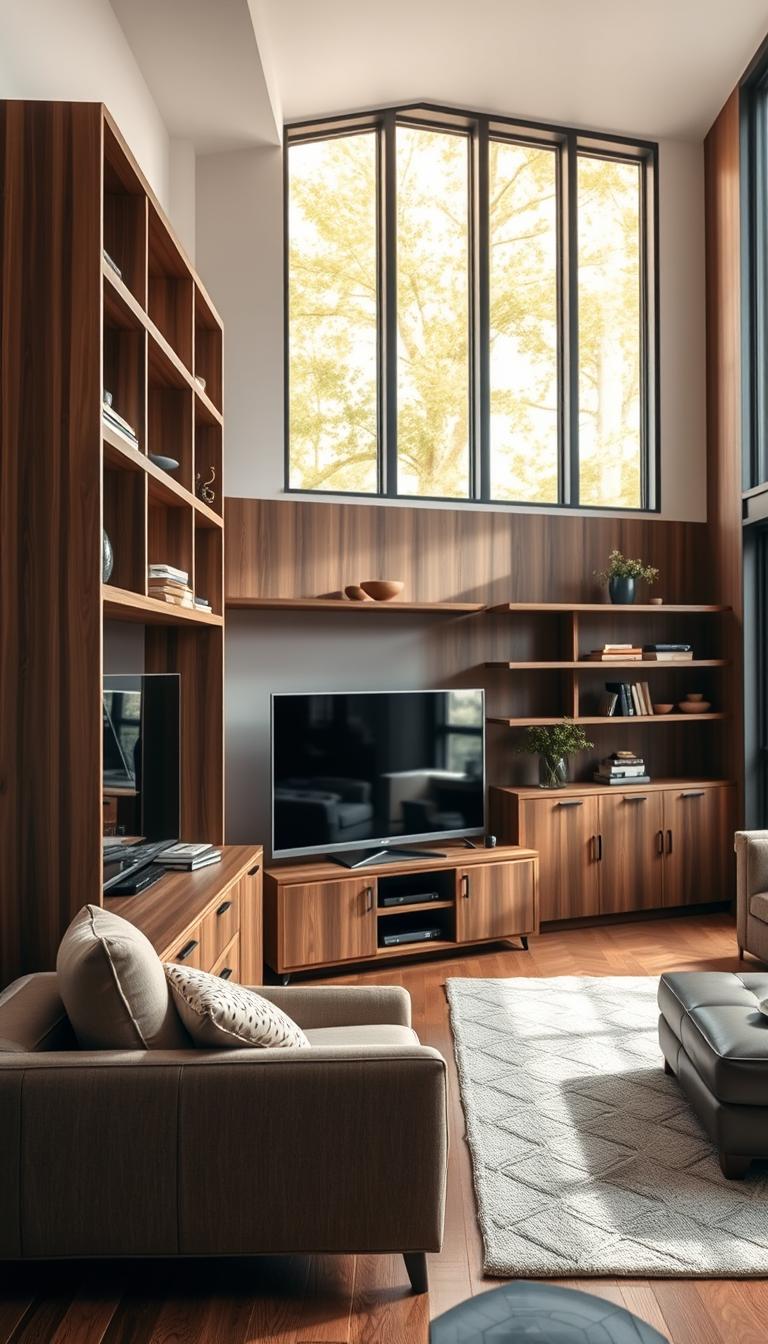 A cozy living room with ample storage solutions. A stylish wooden entertainment unit with shelves, cabinets, and drawers dominates the foreground, complemented by a plush sofa and armchair. In the middle ground, sleek floating shelves line the walls, offering additional display and storage space. The background features large windows that flood the room with warm, natural light, creating a bright and inviting atmosphere. The design seamlessly blends form and function, showcasing practical storage options that enhance the room's overall aesthetic.