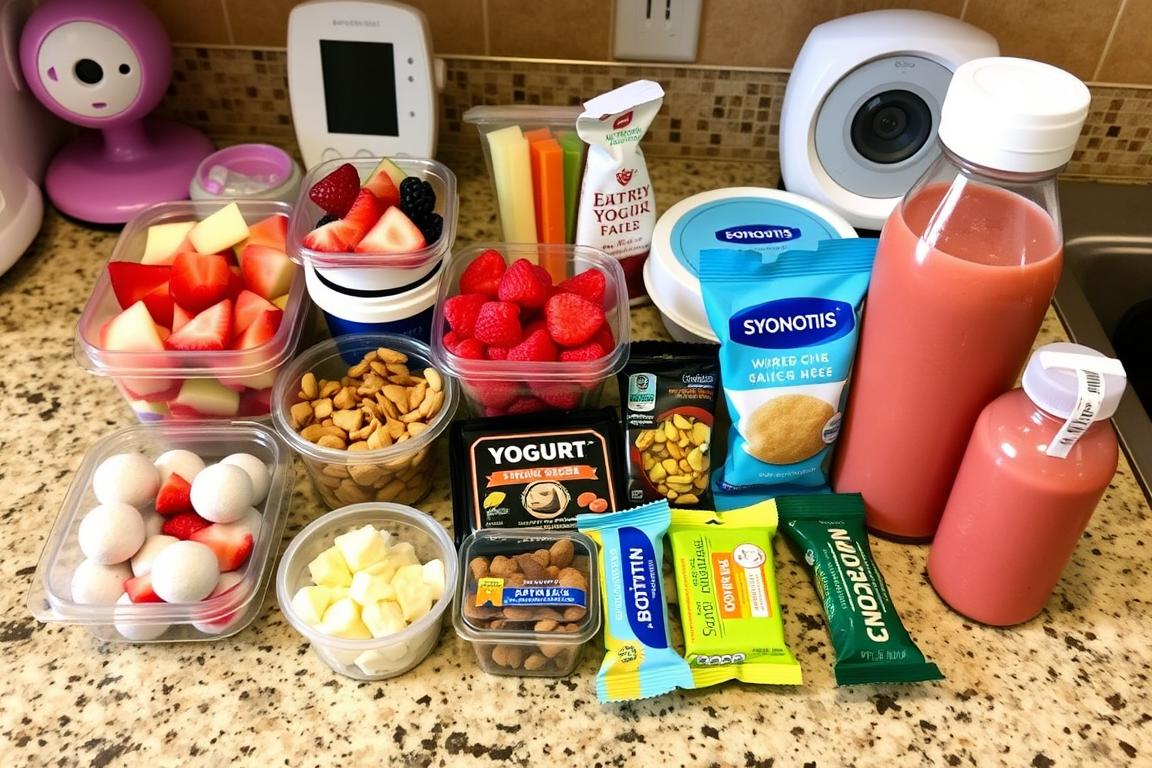 Assortment of healthy one-handed snacks for new moms - postpartum nutrition