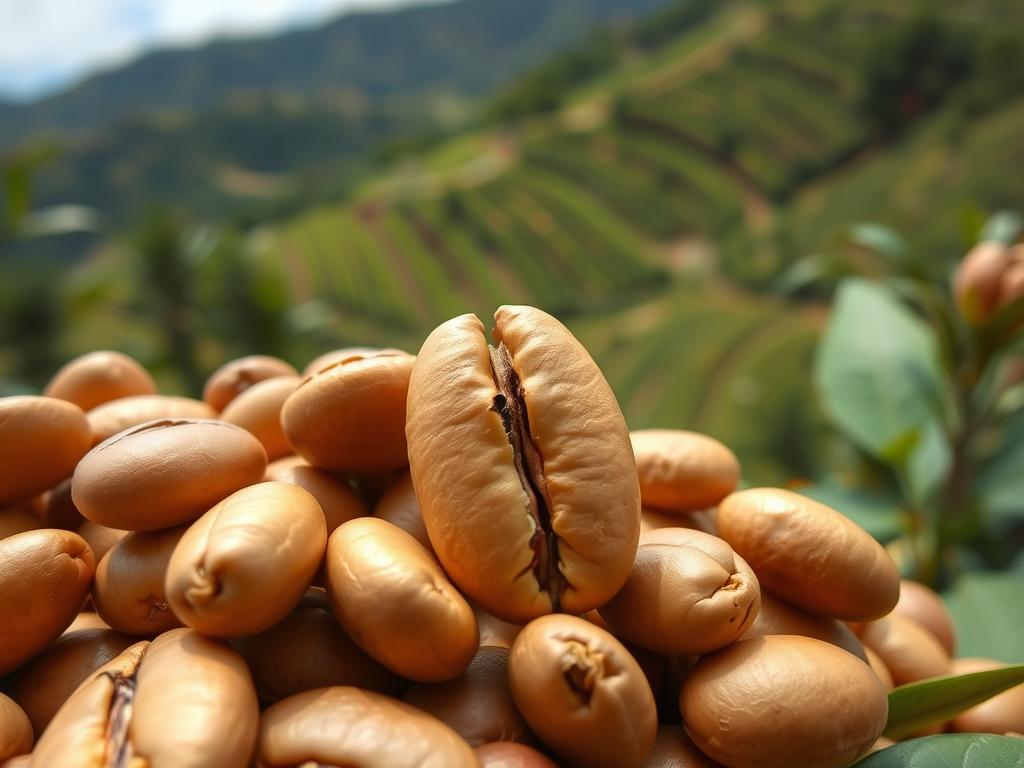 Arabica coffee beans with plantation in background showing types of coffee beans explained