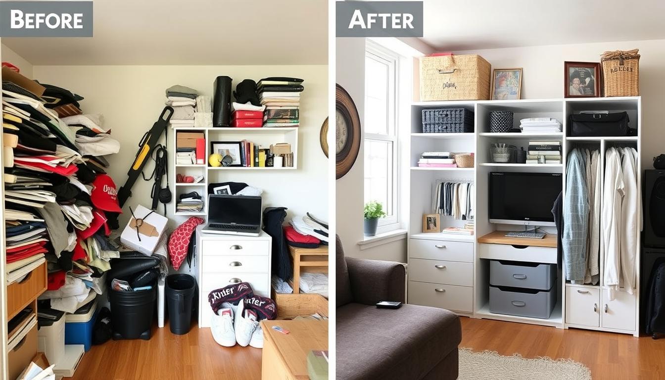 Before and after of a stylish small apartment transformation with smart storage solutions