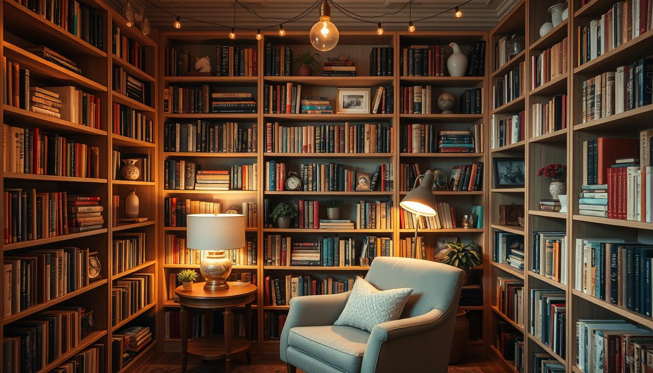 Cozy reading nook with bookshelves filled with vintage books and decorative trinkets. Soft, warm lighting from table lamps and string lights casts a gentle glow. Neutral color palette with natural wood tones and plush textiles. Bookshelves arranged in an asymmetrical, artful layout, with books, plants, and decorative objects thoughtfully curated. A comfortable armchair and side table create an inviting space to curl up with a good read. The overall aesthetic is sophisticated, soothing, and conducive to a tranquil reading experience.