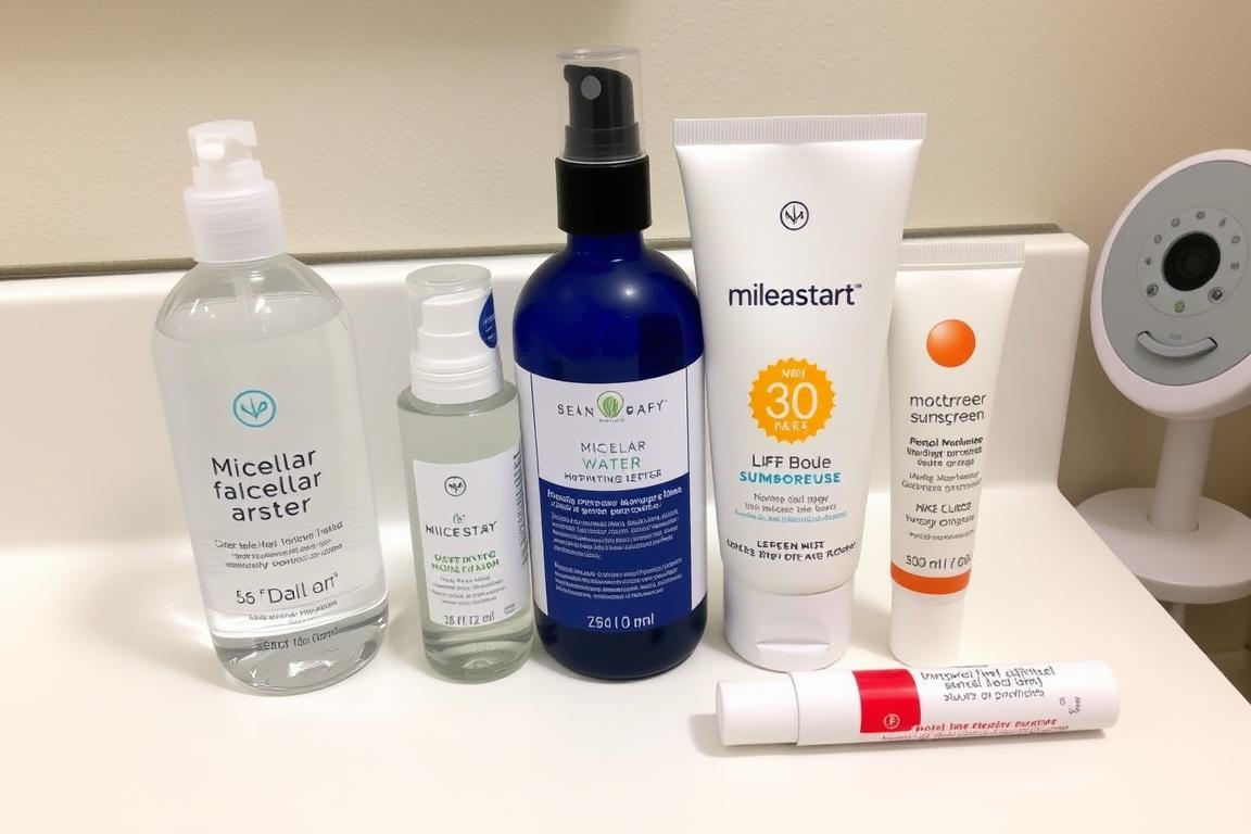 Simple skincare products arranged for quick mom self-care routine