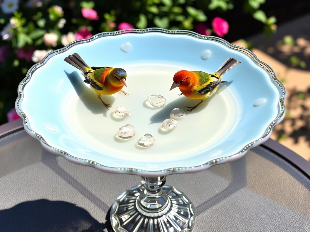 Elegant upcycled cake stand bird bath with colorful birds