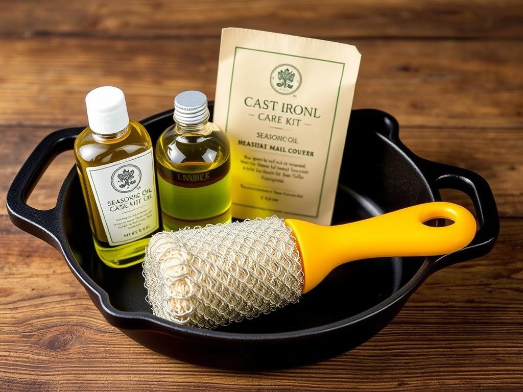 Cast iron care kit with oil, scrubber, and handle cover