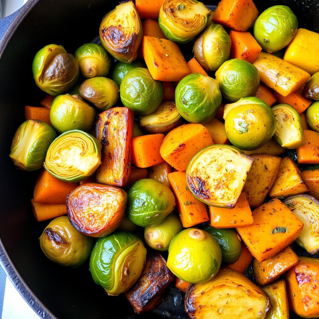 Roasted vegetables in a cast iron skillet