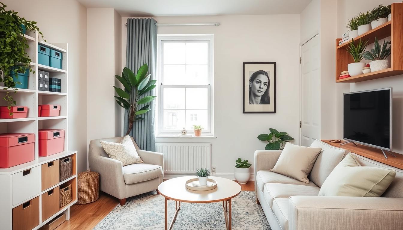 Stylish small apartment living room with integrated storage solutions that match the decor