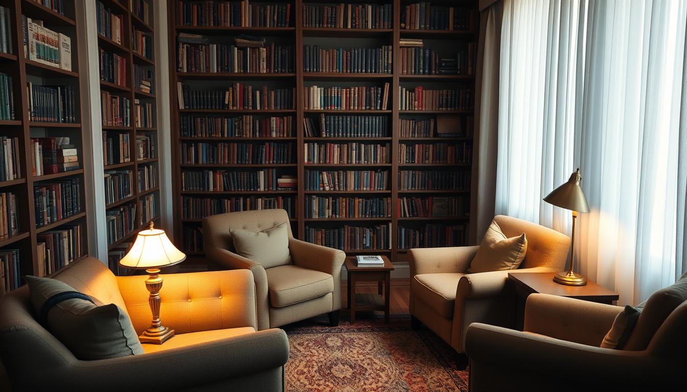 A cozy library reading nook with three vintage brass reading lamps casting a warm, ambient glow. The lamps are positioned strategically on side tables, illuminating plush armchairs and a thick, tufted area rug. Bookshelves line the walls, creating a sense of comfort and intellectual discovery. Soft light filters through sheer curtains, adding to the inviting, relaxed atmosphere. The composition emphasizes the lamps as the focal point, highlighting their classic design and ability to set the perfect mood for an immersive reading experience.