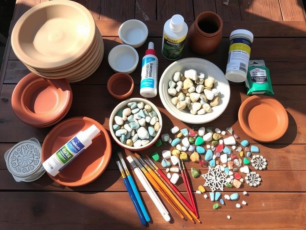 Organized collection of materials for making tabletop bird baths