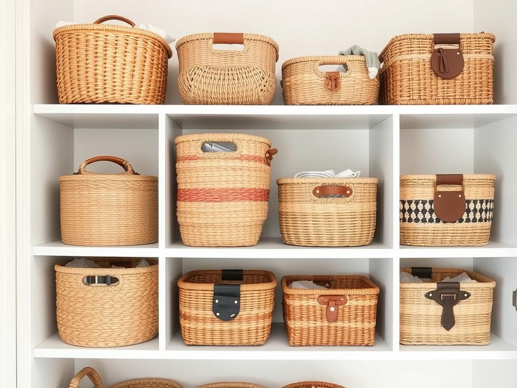 Stylish woven baskets organized on shelves in a small apartment living space