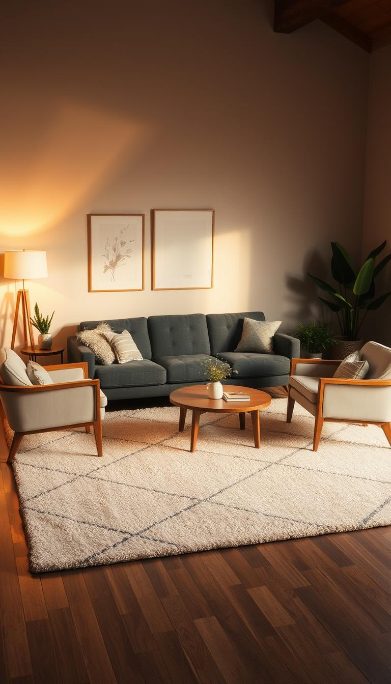 A cozy living room with a large, plush area rug placed centered under a modern, low-profile charcoal gray sofa. The rug features a subtle geometric pattern in shades of beige, tan, and cream, tying the space together. Warm, diffused lighting from a pair of mid-century modern floor lamps creates a inviting ambiance. The rug's placement anchors the seating area, visually connecting the sofa to a pair of matching armchairs and a wooden coffee table. Potted plants and minimalist artwork on the walls add natural, calming touches to the space.