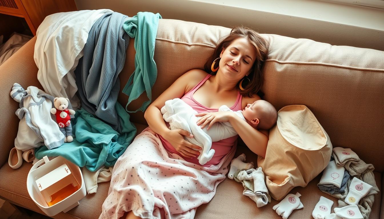 New mom relaxing with baby in a messy but cozy living room - realistic motherhood