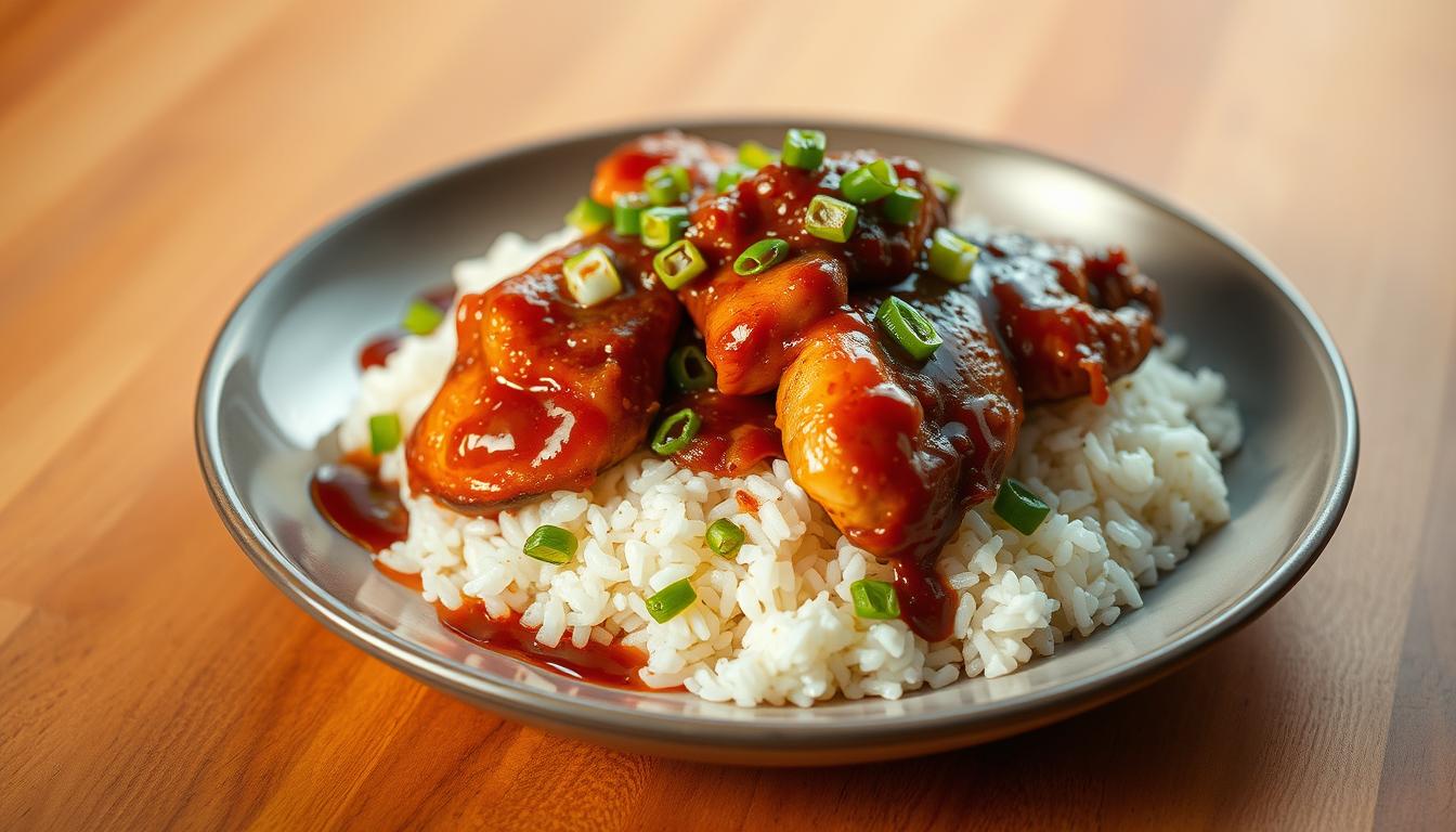 A nourishing plate of golden-brown barbecue chicken resting atop a fluffy bed of aromatic white rice, garnished with vibrant green scallions and a drizzle of rich, honey-infused barbecue sauce. The chicken is perfectly charred, with a glistening, caramelized exterior that gives way to juicy, tender meat. The rice is steamed to perfection, with each grain distinct and separate. Warm, soft lighting casts a cozy glow, accentuating the rich colors and textures of the dish. The composition is balanced, with the chicken and rice occupying the center of the frame, surrounded by negative space that draws the eye to the main elements. The overall mood is inviting and appetizing, perfectly capturing the comfort and satisfaction of a delicious one-pan meal.