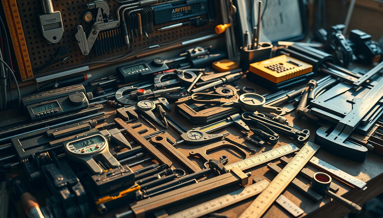 A cluttered workbench stacked with a diverse array of advanced measuring instruments, including digital calipers, micrometers, protractors, and precision rulers. The tools are arranged in a visually appealing and organized manner, casting long shadows that add depth and dimension to the scene. Warm, directional lighting from a 35mm lens illuminates the tools, highlighting their metallic finishes and intricate details. The overall atmosphere conveys a sense of professionalism, attention to detail, and the importance of these specialized tools for skilled tradespeople and DIY enthusiasts alike.