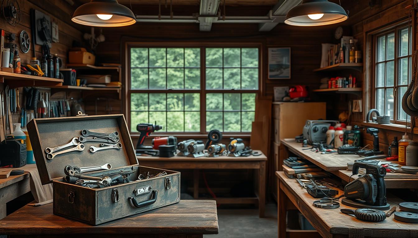 A well-organized workshop interior with various power tools, hand tools, and cleaning supplies neatly arranged on sturdy wooden workbenches. Soft, warm lighting from overhead lamps casts a cozy, focused atmosphere, highlighting the intricate textures of weathered wood and gleaming metal. In the foreground, a pair of worn but well-maintained toolboxes sit open, revealing a carefully curated collection of wrenches, screwdrivers, and other essential maintenance equipment. The middle ground features a collection of half-disassembled devices, inviting the viewer to imagine the process of careful inspection and repair. In the background, a large window offers a glimpse of a lush, green outdoor scene, suggesting the importance of regular tool maintenance for continued, reliable performance.