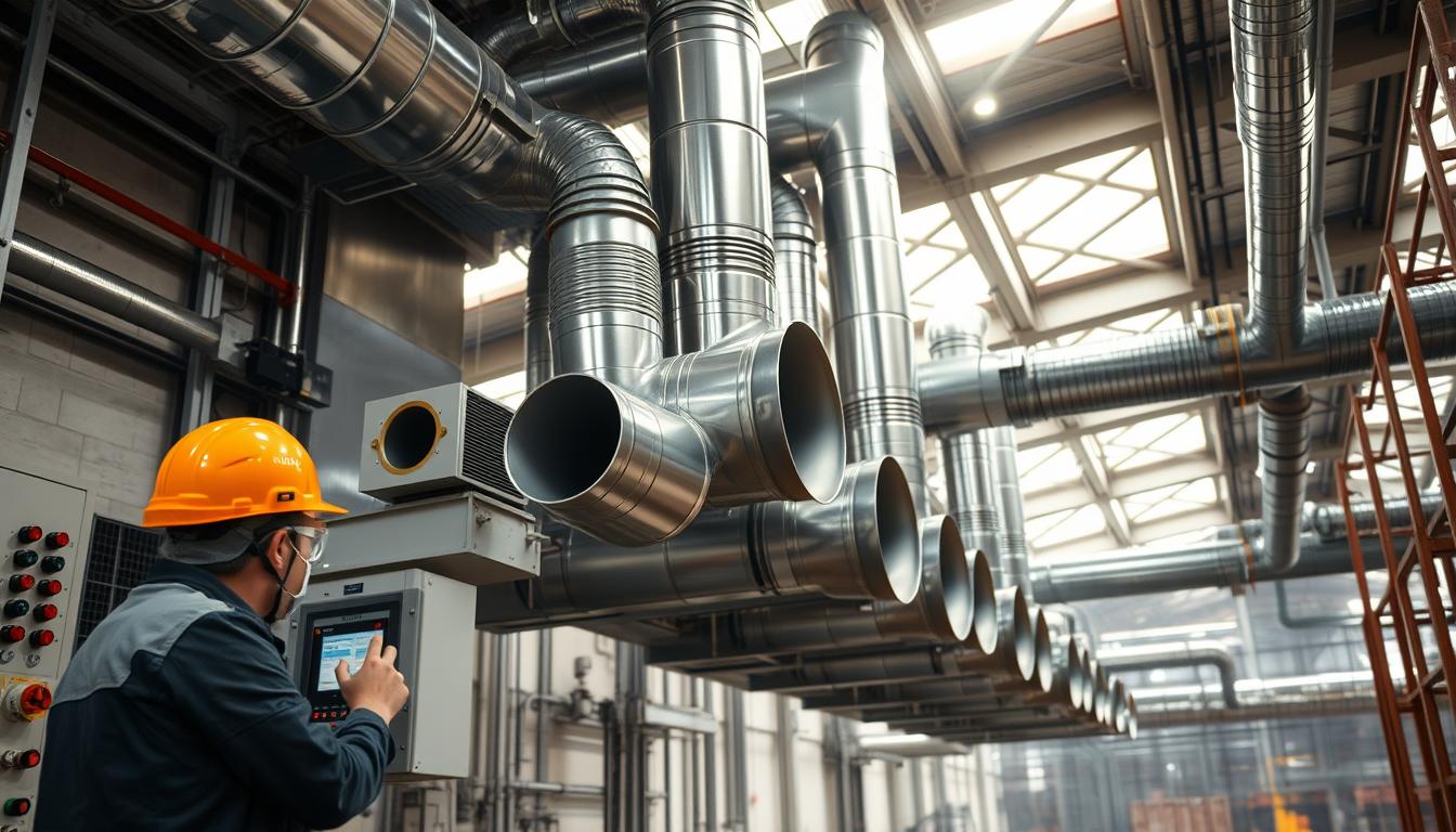 A well-lit industrial interior with a focus on a smoke exhaust system. In the foreground, a technician in protective gear inspects a control panel, conveying the importance of regular maintenance. The middle ground features a series of sturdy metal ducts, vents, and dampers, artfully arranged to suggest the complexities of the smoke extraction network. In the background, a hazy view of the larger facility, emphasizing the scale and integration of the system. The scene radiates a sense of diligence, safety, and the vital role of these systems in building infrastructure.