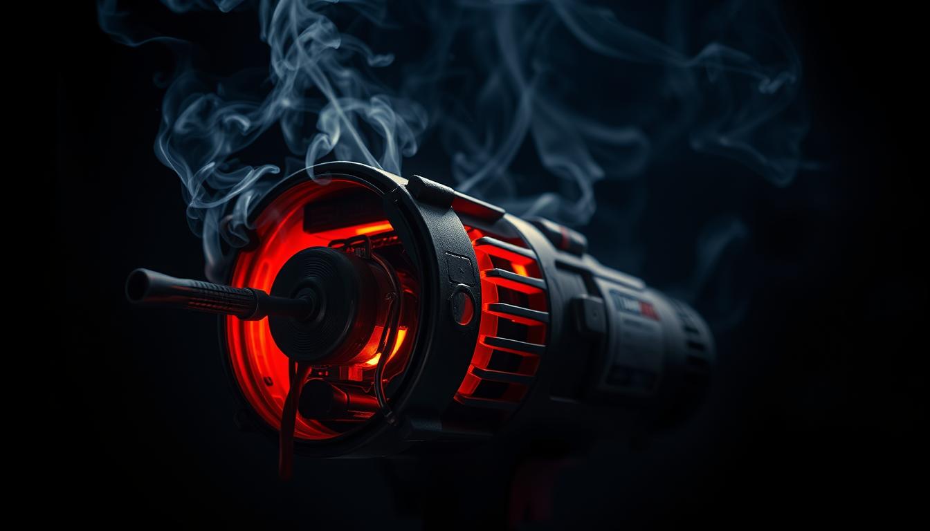 A power tool overheating, its metal casing glowing red-hot against a dark, gritty background. Wisps of smoke curl from the vents as the internal components strain under the load. The air is thick with the scent of scorched electronics. Shadows cast by the tool create an ominous, claustrophobic atmosphere. Harsh, directional lighting emphasizes the stress and strain on the machine, while a shallow depth of field keeps the focus on the overheating issue at hand. An intense, cautionary scene highlighting the dangers of improper use and neglect when operating power tools.