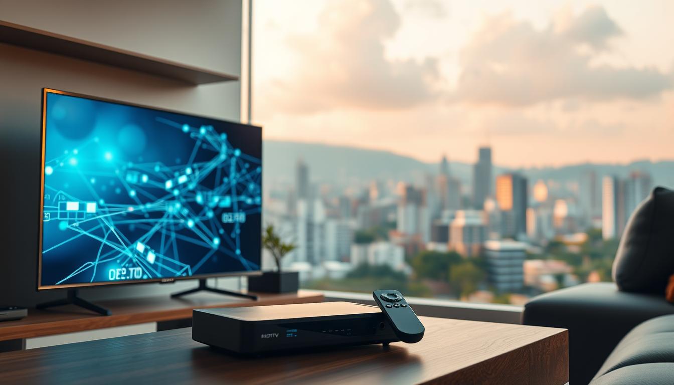 A high-quality cinematic rendering of IPTV technology in Colombia. In the foreground, a modern home entertainment system with a smart TV, set-top box, and sleek remote control. The middle ground depicts a network of interconnected devices, routers, and data cables, symbolizing the infrastructure that powers IPTV. In the background, a cityscape of Bogotá, showcasing the urban landscape where this technology is being adopted. The scene is bathed in warm, natural lighting, creating a sense of comfort and accessibility. The overall atmosphere conveys the ease and convenience of IPTV as a cutting-edge solution for television viewing in Colombia.